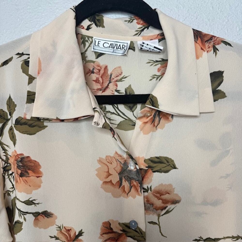 Le Caviar Sheer Floral Blouse M Beige Fall Cottagecore Button Front - Picture 4 of 14